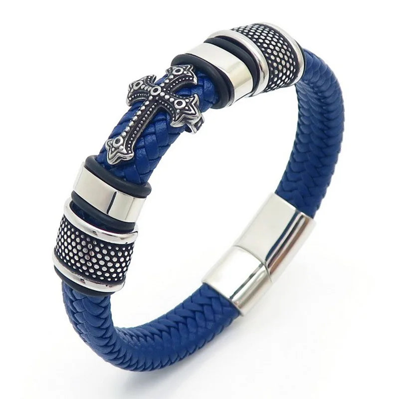 KALEN 210mm Men Vintage Multiple Style Stainless Steel&Cowhide Leather Bracelets