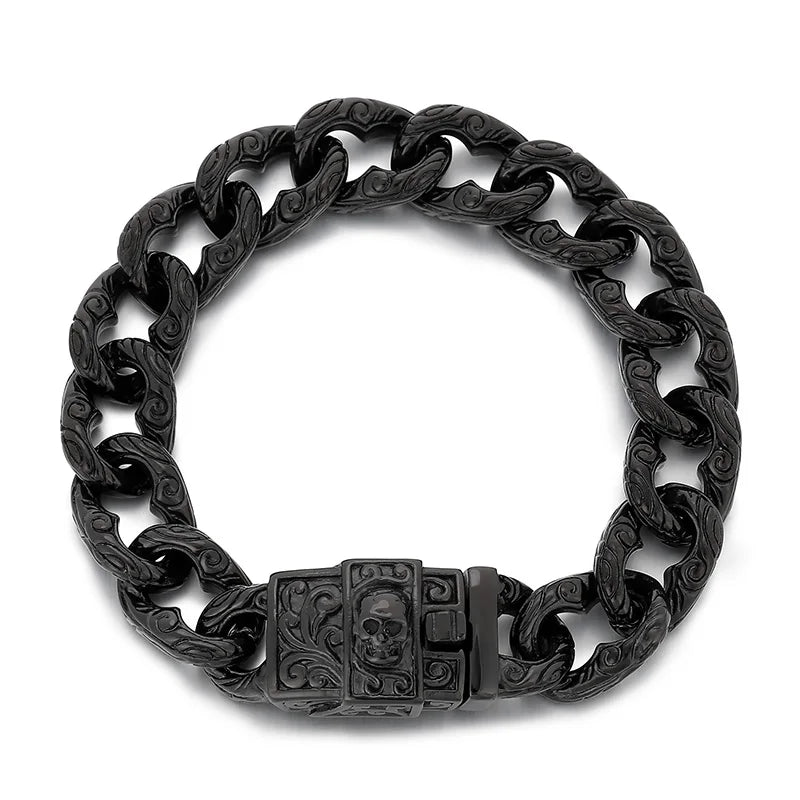 REBEL 220mm Men Punk Black Stainless Steel Skull Charms Cuban Links Bracelet
