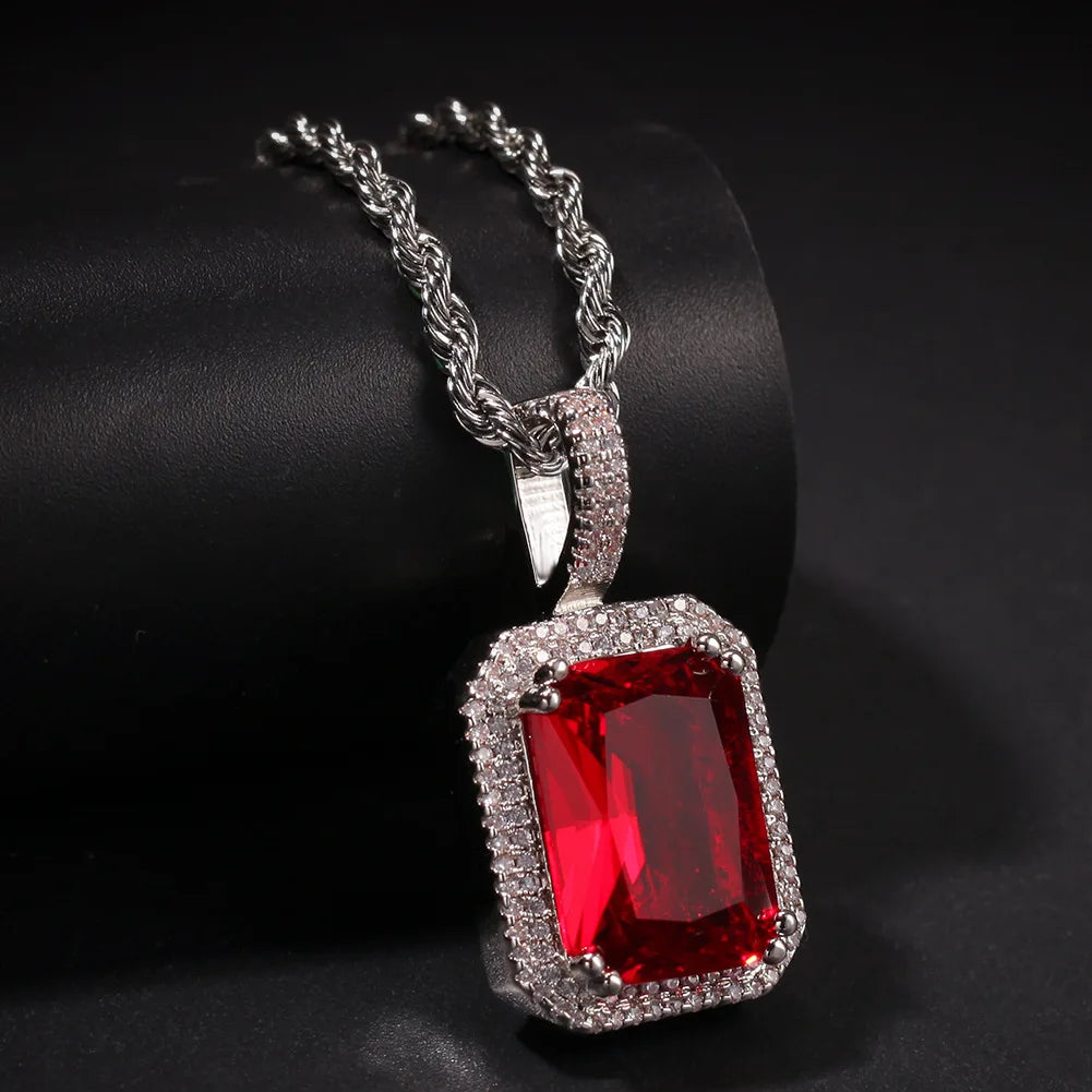 BiG-BOSS Hip Hop Mocha Fluorescent Square Solid Gemstone Pendant Necklace Trendy Cold for Men Women Perfect Neutral Sweater Chain Gift