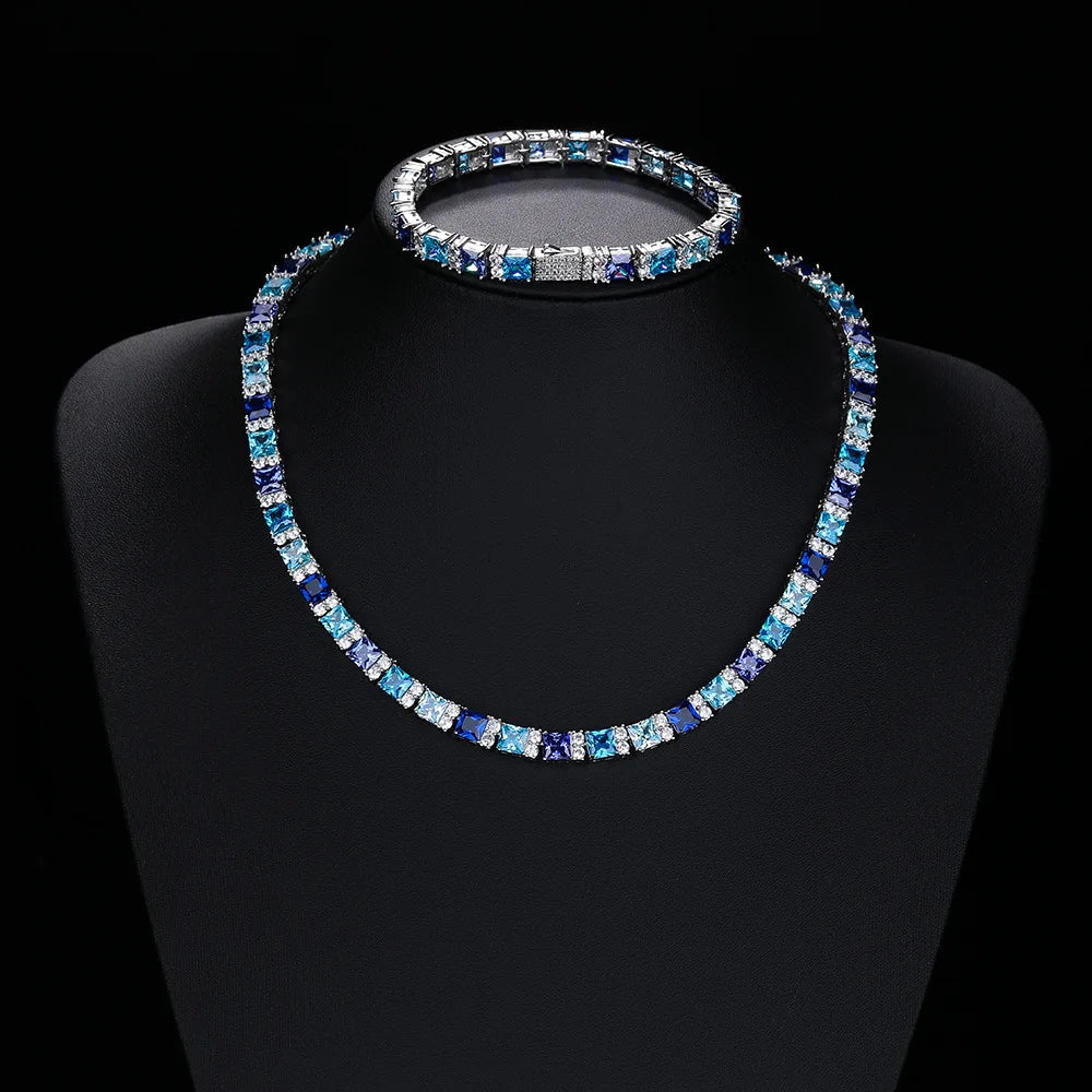 Factory Direct High Quality Blue Gemstone Cubic Zirconia Tennis Necklace 16-20inch Luxury Bling Hip-Hop Necklace