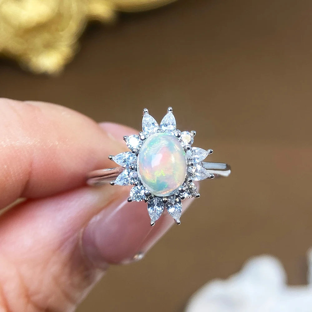 Gioiellieri High Quality Natural Opal Rhodium Plated Luxury 925 Sterling Silver Prong Set Certified Gemstone Ring for Women Everyday Wear
