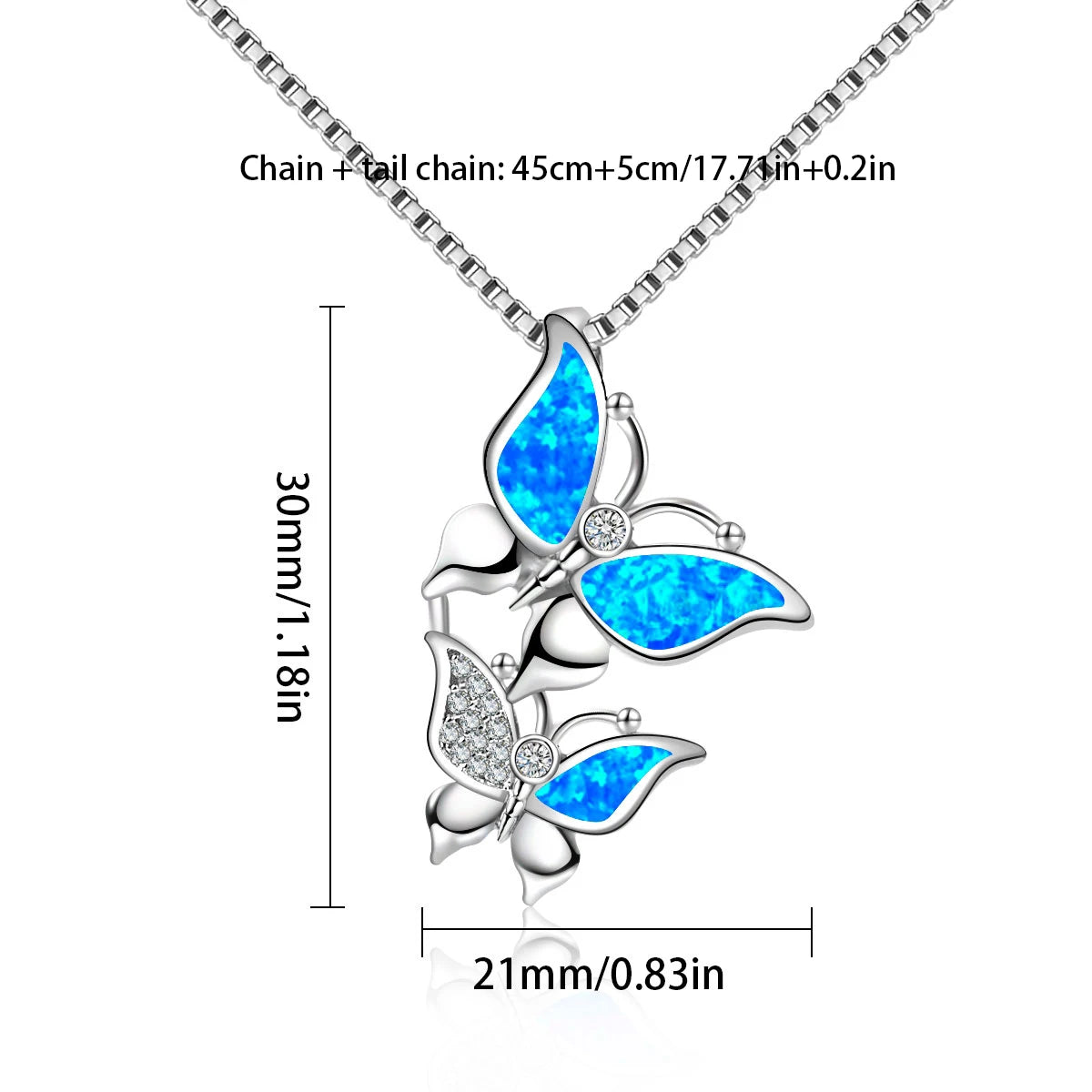 Fashion Double Butterfly Christian Lariat Necklace with Blue Opal Inlay Box Chain Silver Plated Copper for Women