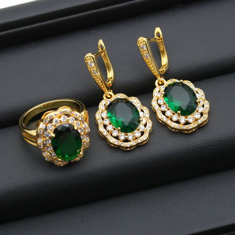 XOTICA Classic Gold Color Bridal Set for Women Wedding Engagement Emerald Zirconia Earrings Pendant Ring Bracelet Chain Alloy Christmas