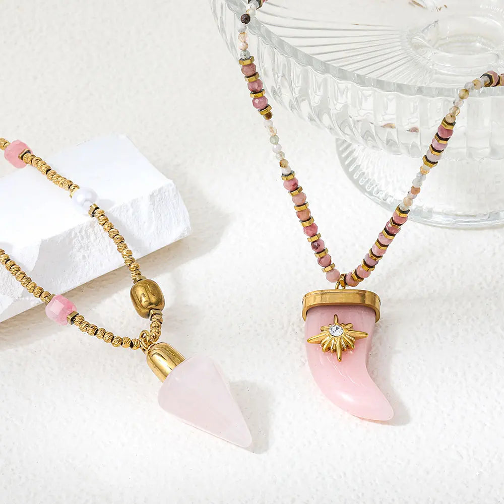 Joolim PVD Plated Wholesale Waterproof Boho Healing Conical Fish Pendant Natural Stone Beaded Necklace Stainless Steel Jewelry