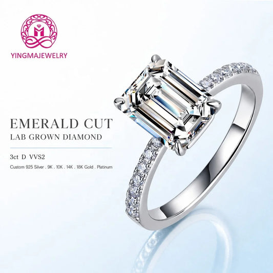 Elegant Emerald Cut Lab Grown Diamond Ring 3CT D VVS2 9K 10K 14K 18K White Gold/Yellow Gold/Rose Gold Women Fine Fashion Jewelry