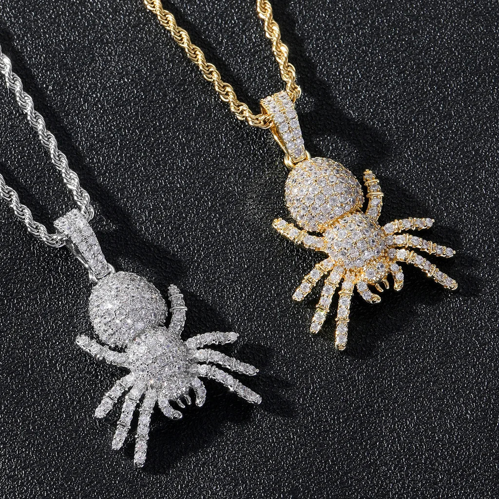 BES Animal Spider Pendant Necklace Hip Hop Iced Out Spider Cubic Zirconia Pendants Silver Color Plated Hip Hop Jewelry