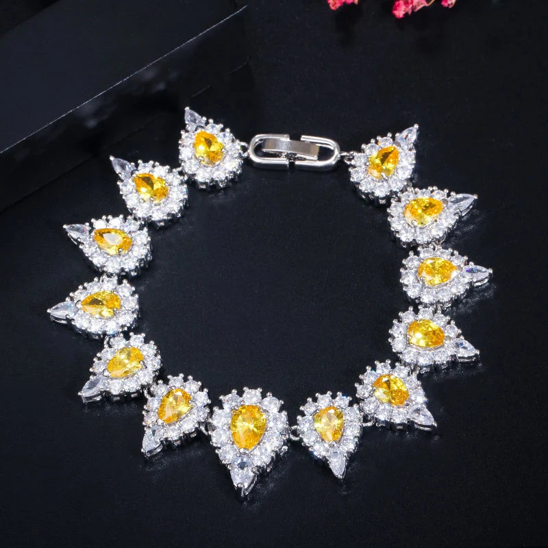 4 Piece Yellow Cubic Zirconia Wedding Luxury Saudi Arabia Dubai Bridal Jewelry Set for Women Costume Accessories