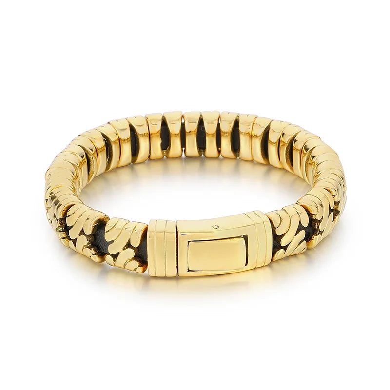 KALEN Men Retro 220mm Matte/Polished Stainless Steel&Leather Links Bracelet