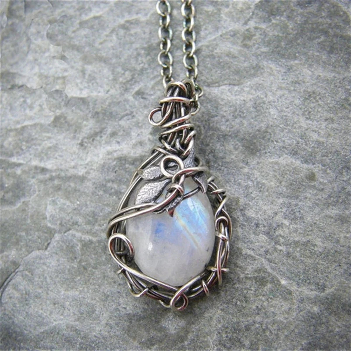 REBEL Unique Vintage Women Silver Moonstone Gemstone Leaf Necklace Pendant Chain Charm Jewelry Gift