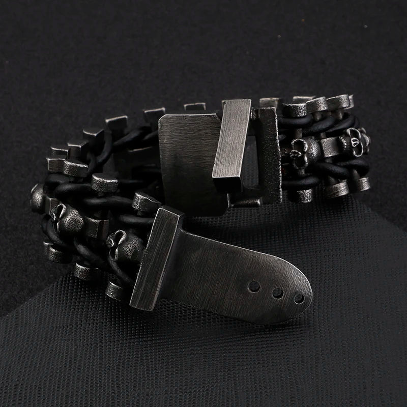 VIKING Mens Punk Skull Skeleton Link Bracelet – Oxidized Stainless Steel