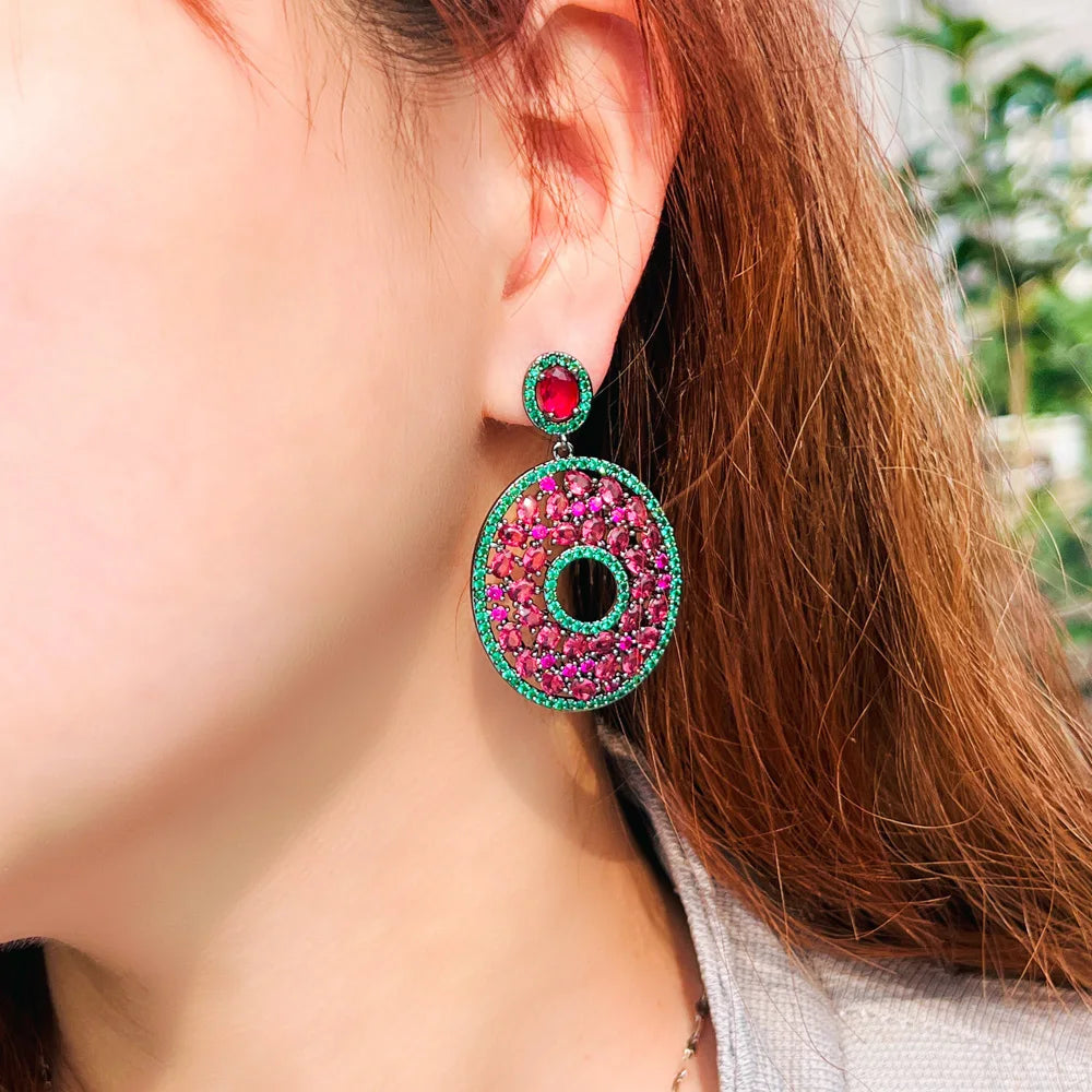 S&S Red & Green Oval CZ Big Dangle Drop Earrings – Black Gun Plated – Collection