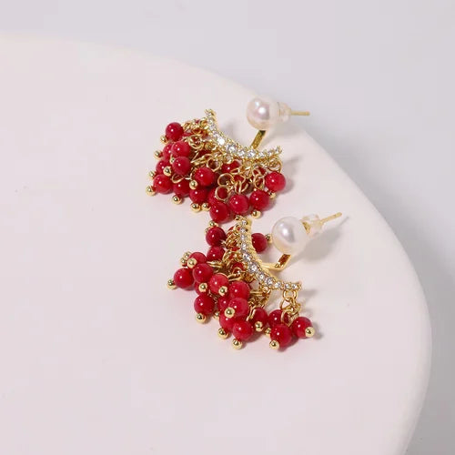 Red Coral Natural Pearls Fashion Accessories Set Fine Woman Ring Earrings Necklace Luxury Customized Jewelry Wedding