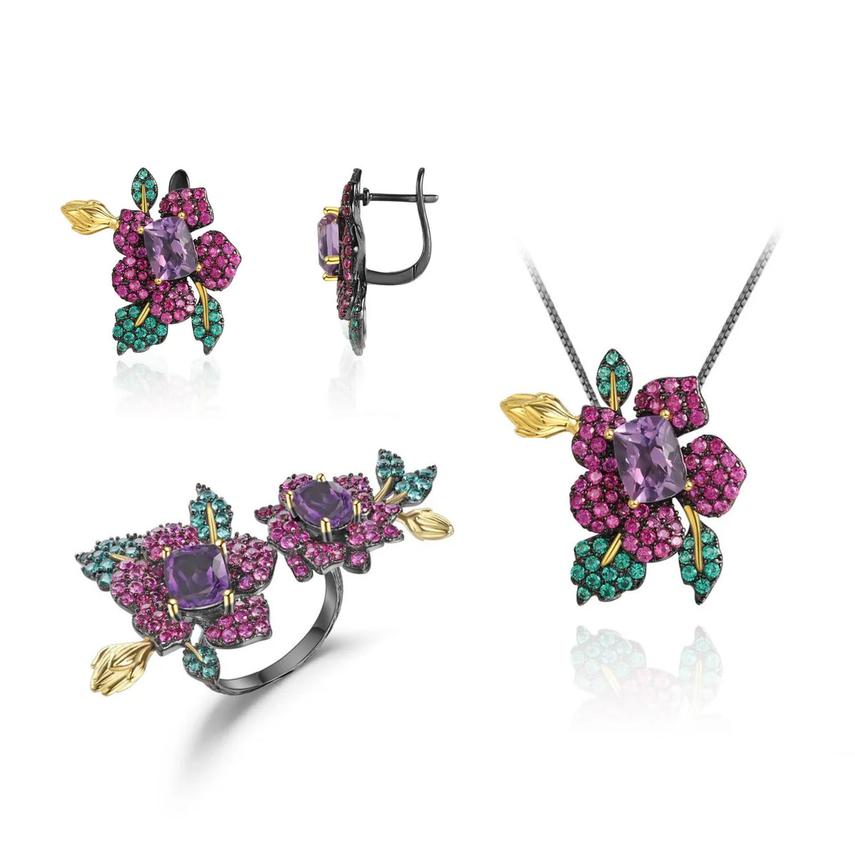 REDheart TIANSHE Design High-end Jewelry S925 Pure Silver Flower Brooch Pendant Natural Amethyst Ring Earrings Set