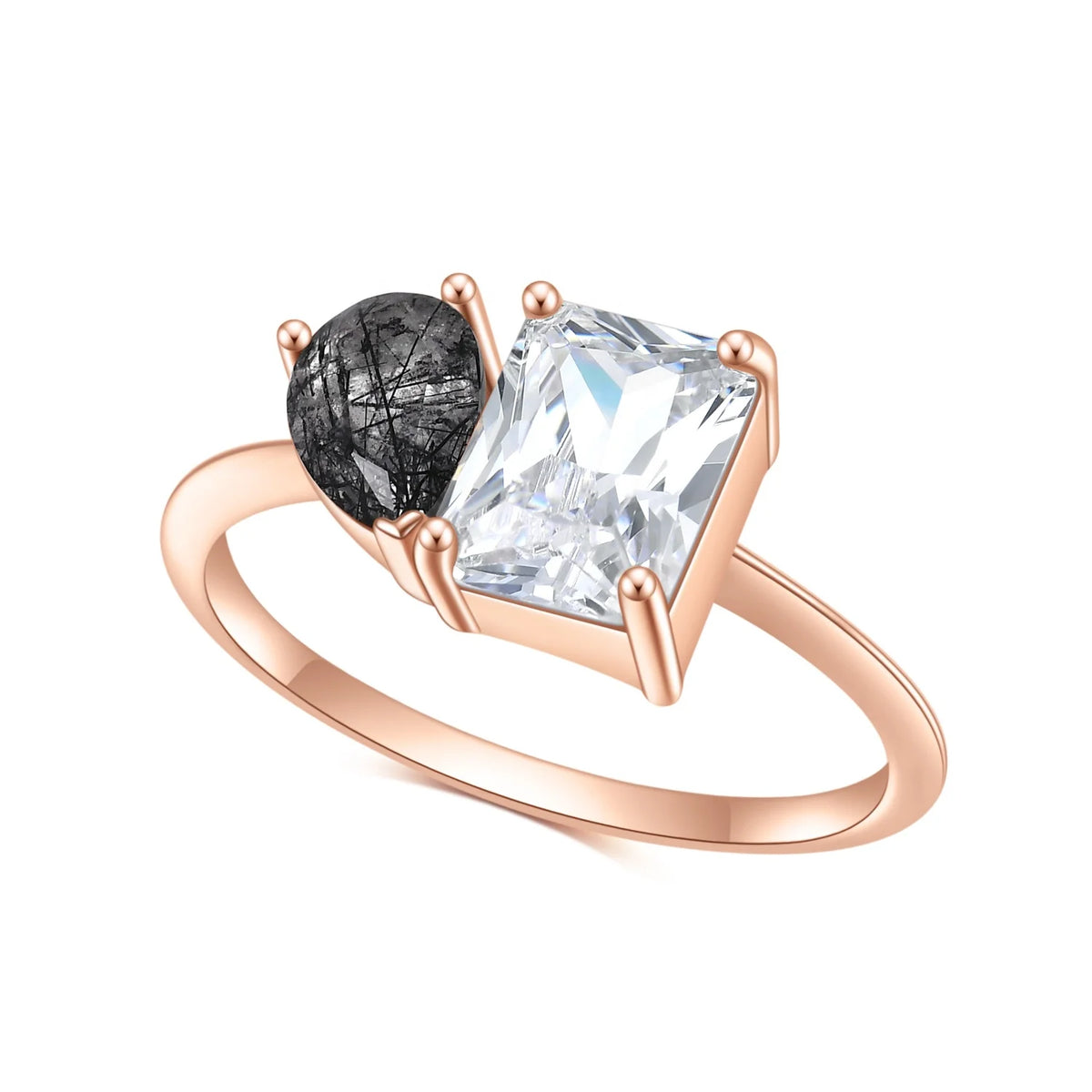 Gemfiori Abiding OEM Factory Direct Sale Rose Gold Plated 925 Sterling Silver Natural Black Rutilated Quartz with White CZ Side Stones