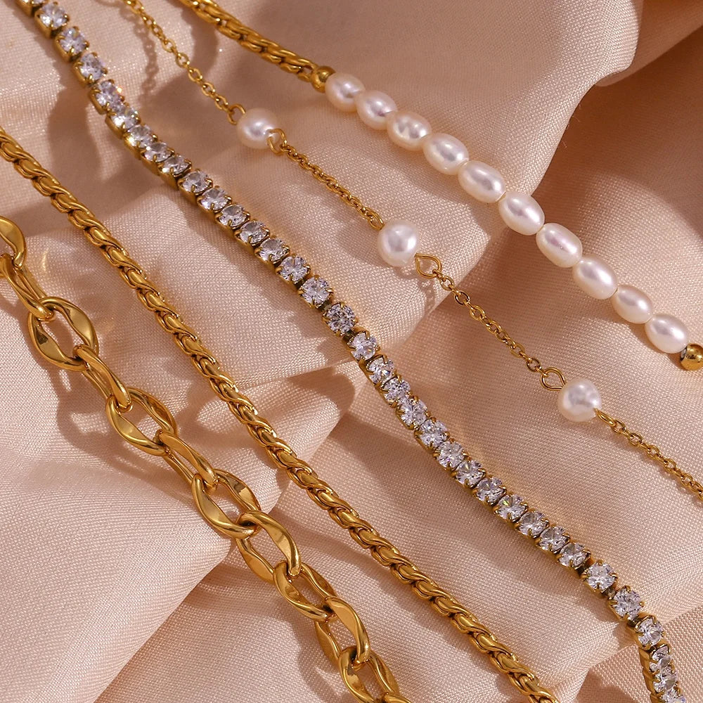 Dreamshow Jewelry Anklet Set Fresh Water Pearl 18k Gold Plated Stainless Steel Anklets for Women