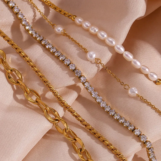 Dreamshow Jewelry Anklet Set Fresh Water Pearl 18k Gold Plated Stainless Steel Anklets for Women