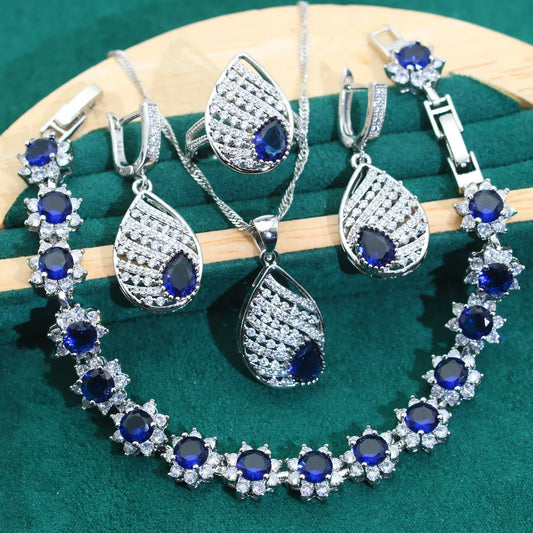 New Arrival 925 Silver Jewelry Sets for Women Wedding Blue Zircon Bracelet Earrings Necklace Pendant Open Ring Parties Sapphire
