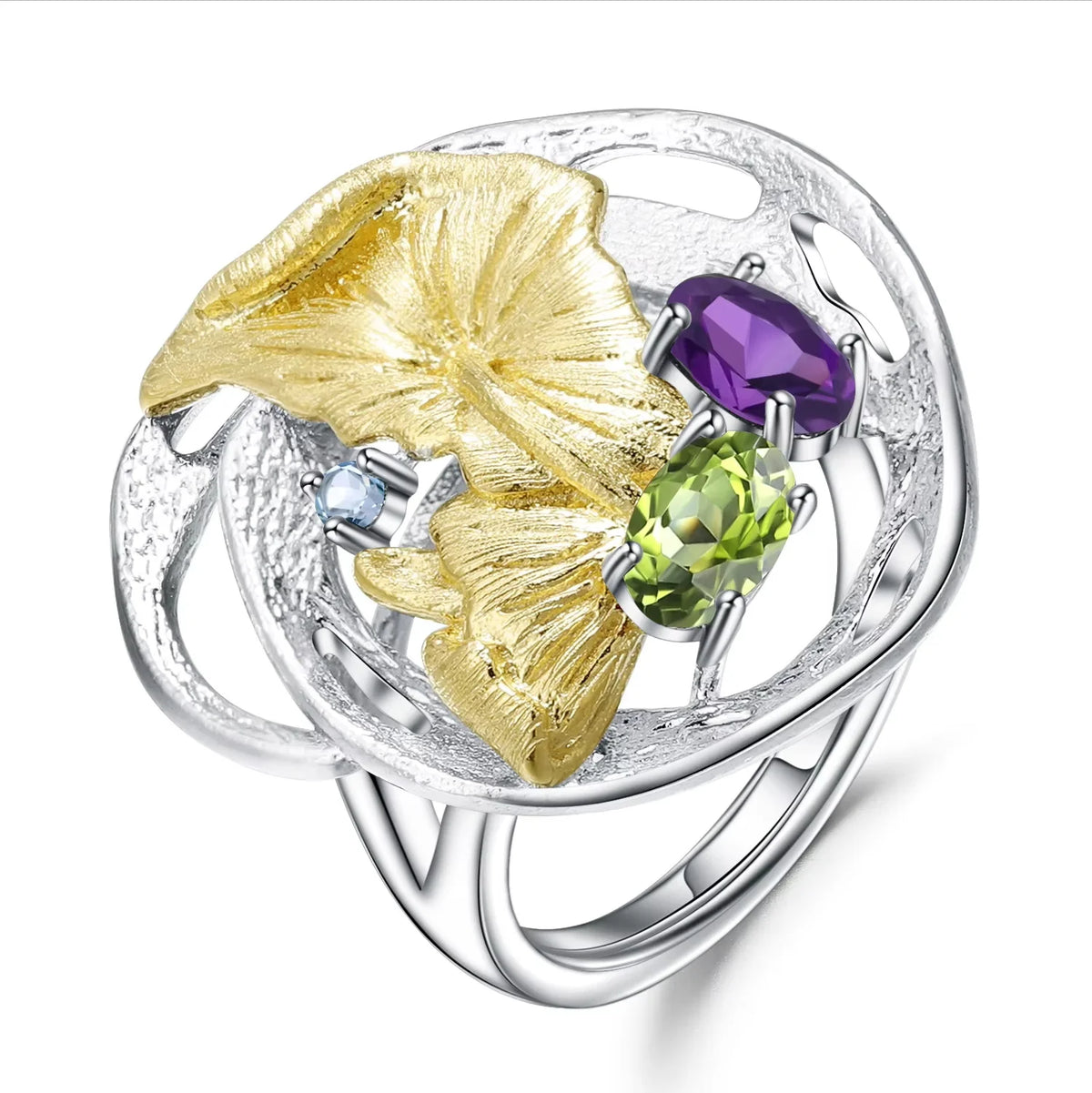 ArtistA Abiding Custom Green Natural Gemstone Ring Collection 925 Silver Natural Peridot Rings with Regular Open 2 Tone Design