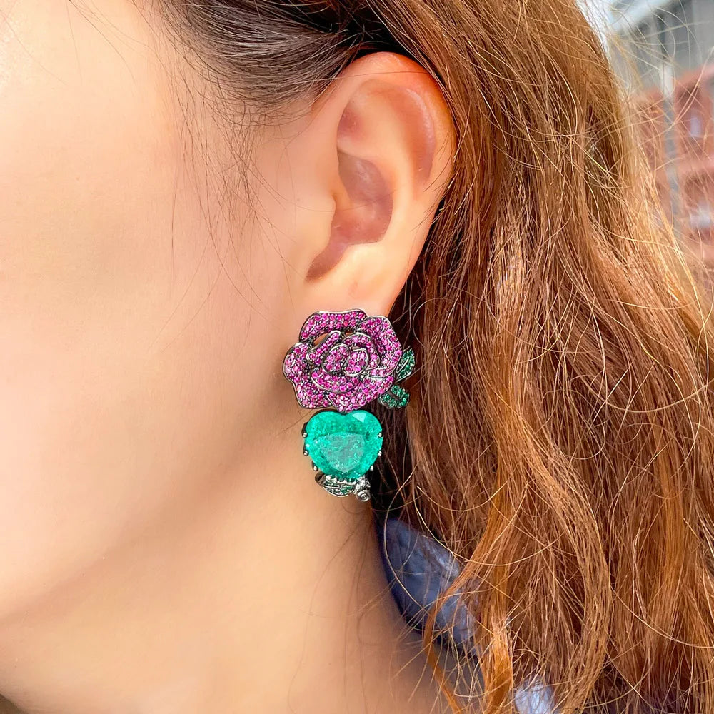 S&S Red Rose & Green Leaf CZ Dangle Drop Earrings – Black Gun Plated – Collection