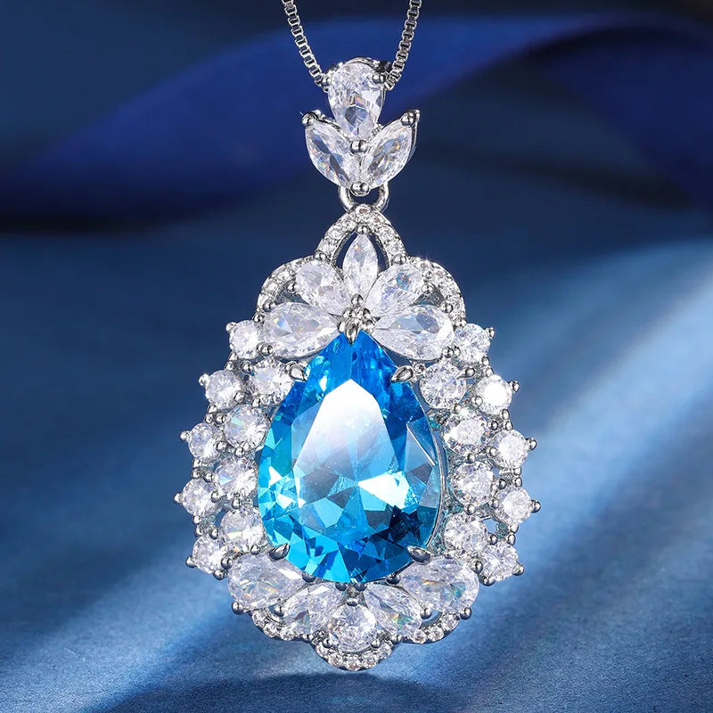 Gemfiori Luxury Pear Cut Gemstone Pendant Necklaces with Matching Ring Double Halo Design Elegant Statement Accessory for Wedding Jewelry