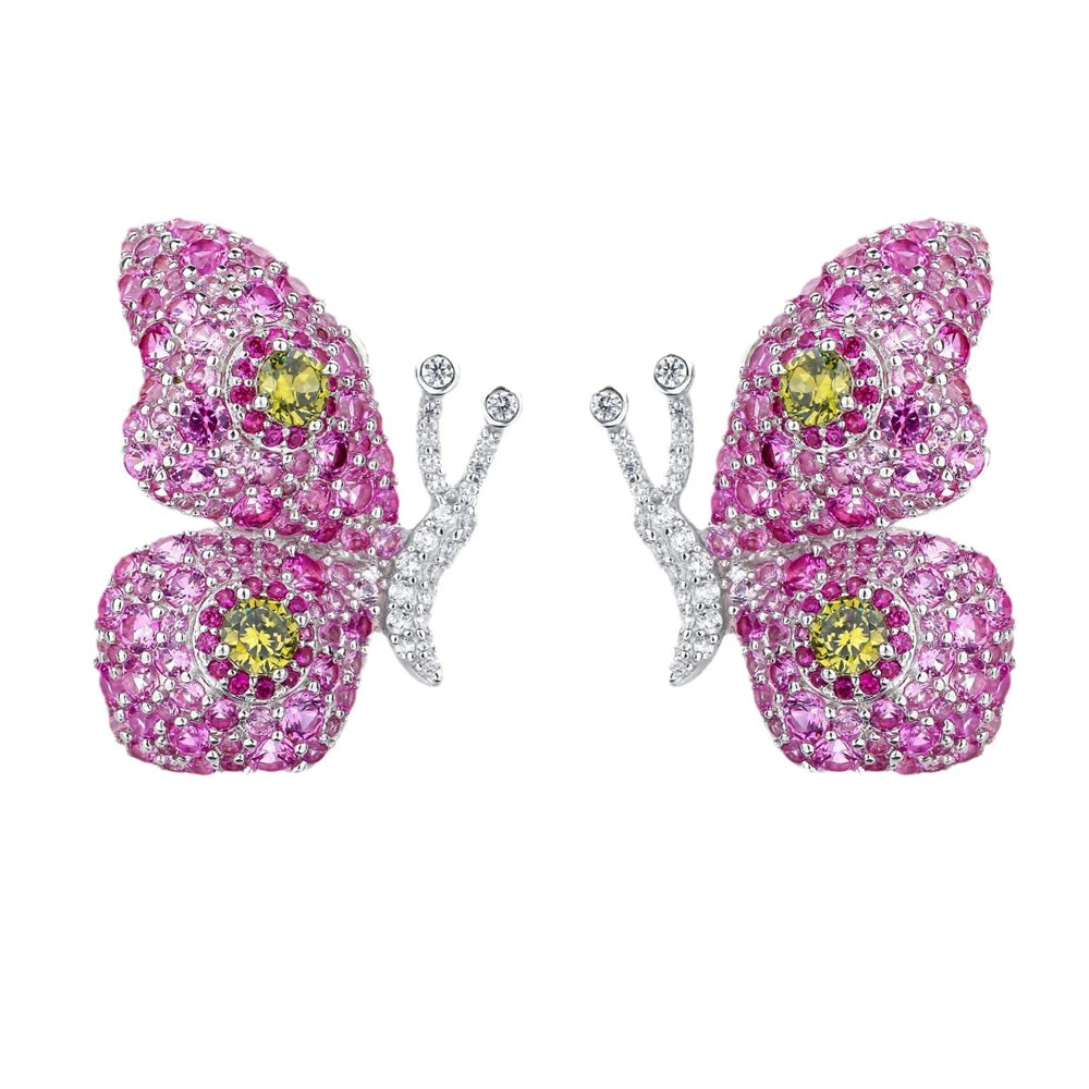 MUSHAN Jewelry Factory S925 Sterling Silver Stud Earrings Electroplated With Gold High Carbon Diamond and Red Gemstone Butterfly