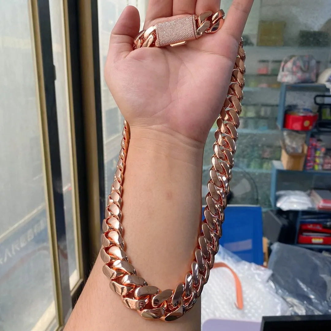 REBEL Rose Gold Cuban Link Chain and Bracelet Set for Men 18mm Chain with Bling Iced Out Lock Hip Hop Fashion Jewelry