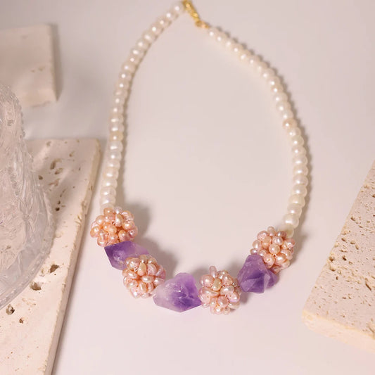 Amethyst Flower Ball Decorative Necklace Natural Freshwater Pearl Flower Cluster Necklace Hand Beaded