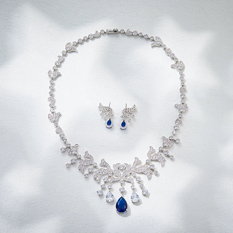 High End Luxury Atmospheric Droplet Shaped Colored Zircon Wing Necklace Earrings for Women's Evening Wear Two-piece Set