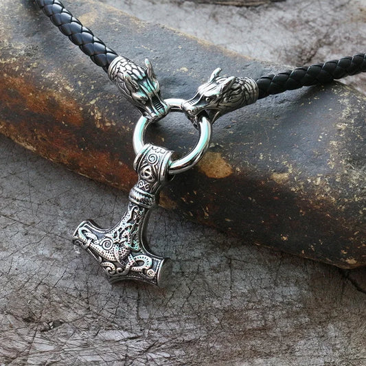 Men stainless steel necklace viking Dragon head with thor's hammer mjolnir necklace pendant norse talisman ethnic jewelry