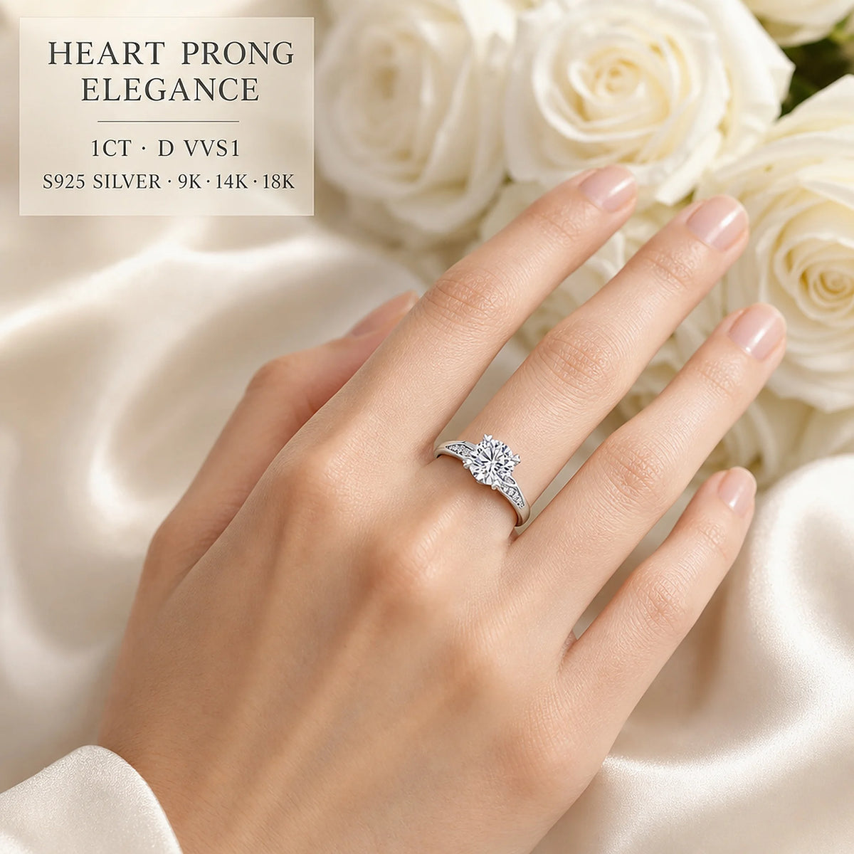 Gioiellieri Heart Prong Angular Shank Round Brilliant Lab Grown Diamond Ring 1CT D VVS1 9K 10K 14K 18K Solid Gold Women Fine Fashion Jewelry