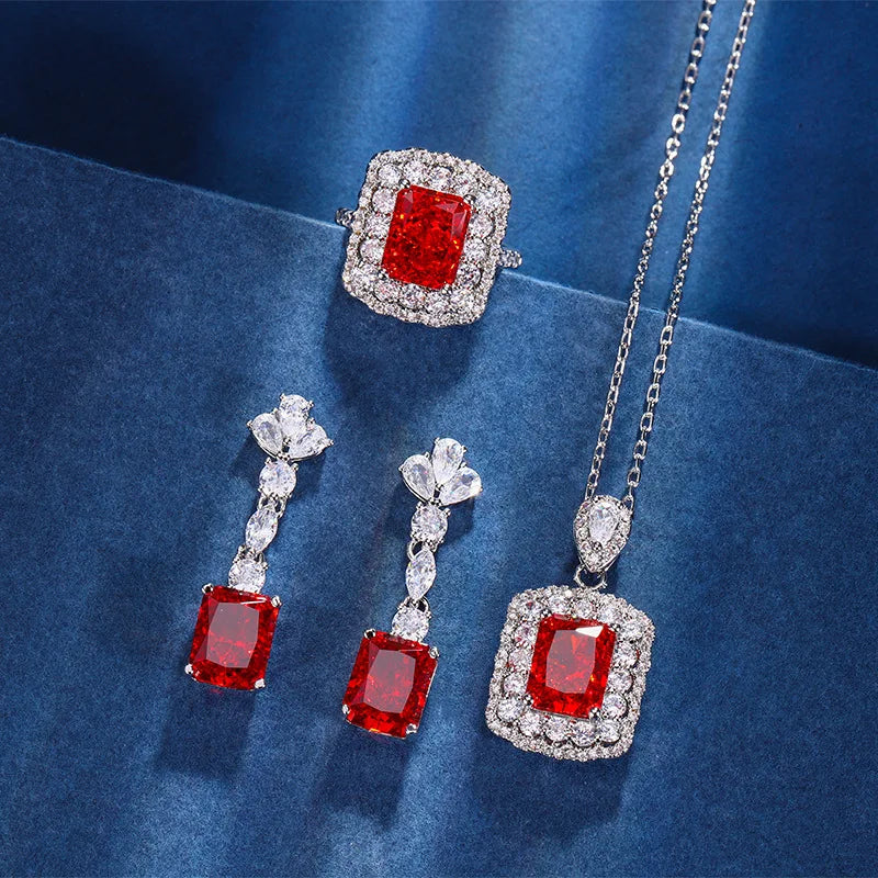 Gemfiori Light Luxury Super Sparkling Princess Long Earrings Korean Version Temperament Pendant Ring Set square Fashion Accessory