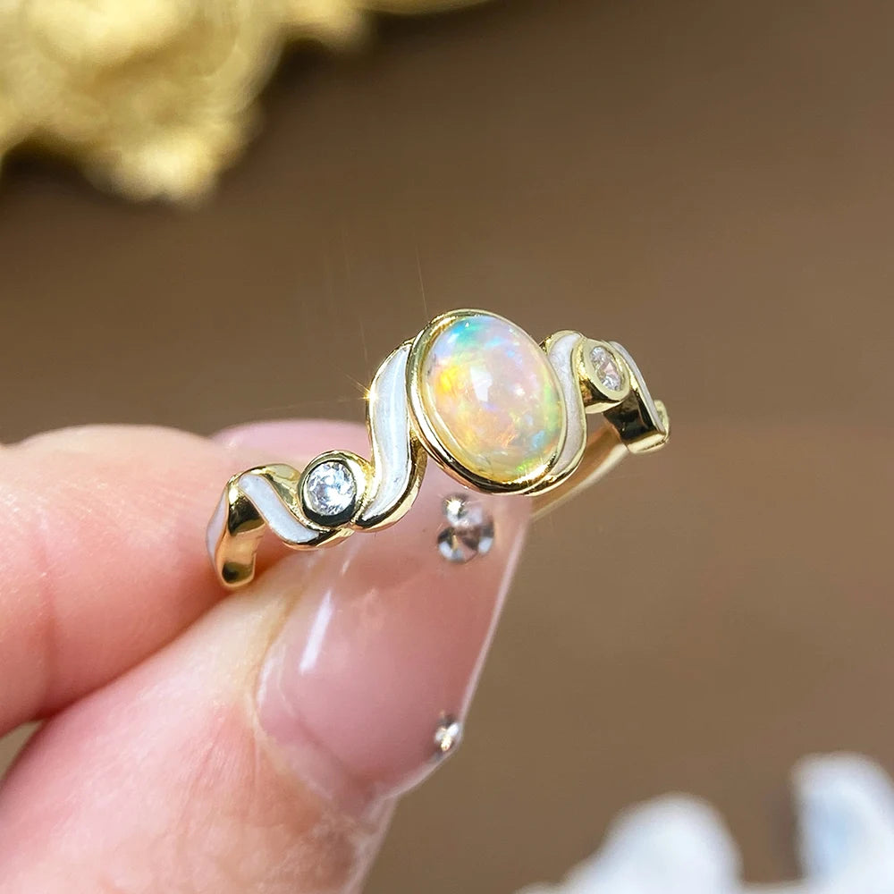 Gioiellieri Natural White Opal Prong Setting Rhodium Plated 925 Sterling Silver Luxury Women's Wedding Ring