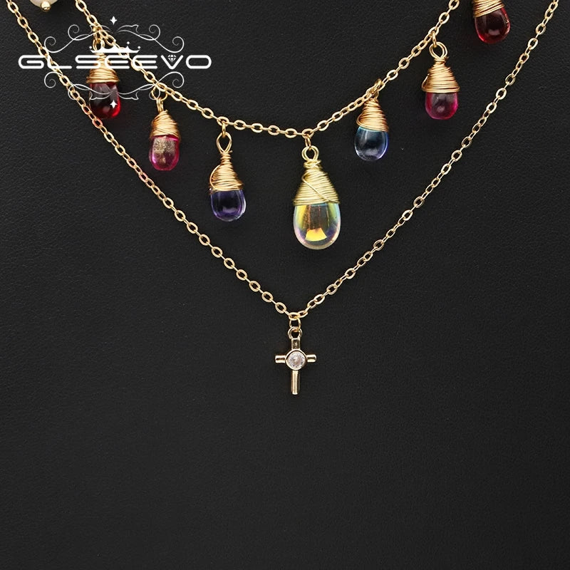 Colorful Crystal Freshwater Pearl Zircon Cross Double Layer Necklace Gold Plated Chain Removable Bridal Necklace Jewelry
