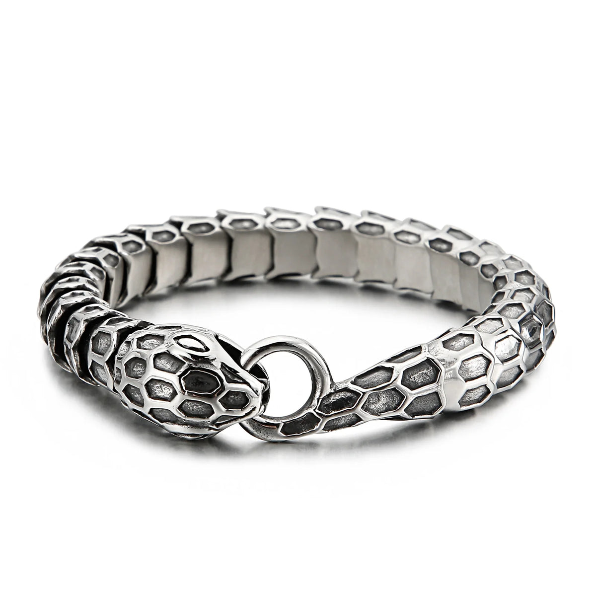 VIKING Mens Punk Snake Link Bangle Bracelet – Boiled Black Stainless Steel
