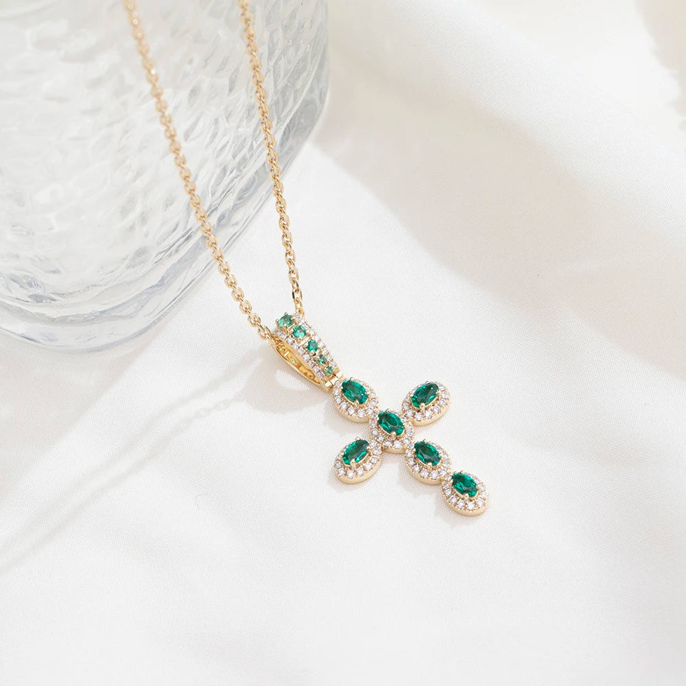 Messi Jewelry MSN-935 14k Yellow Gold Cross Necklace Oval Cut Lab Grown Emerald Necklace