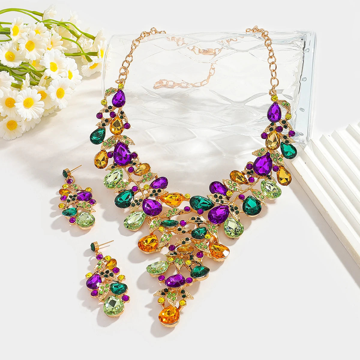 S&S Rhinestone Flower Necklace & Earring Set | Purple | Gold Plated