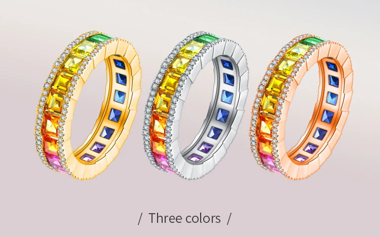 Gemfiori Anster Rainbow Color Eternal Ring Asscher Cut Gemstone Silver Ring Material Customizable Ring for Selection.