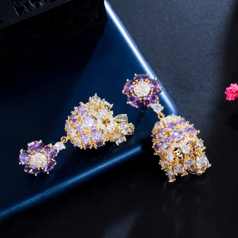 Luxury Purple Cubic Zirconia Crystal Indian Gold Plated Gypsy Bell Dangly Drop Long Earrings for Women Party Costume Jewelry