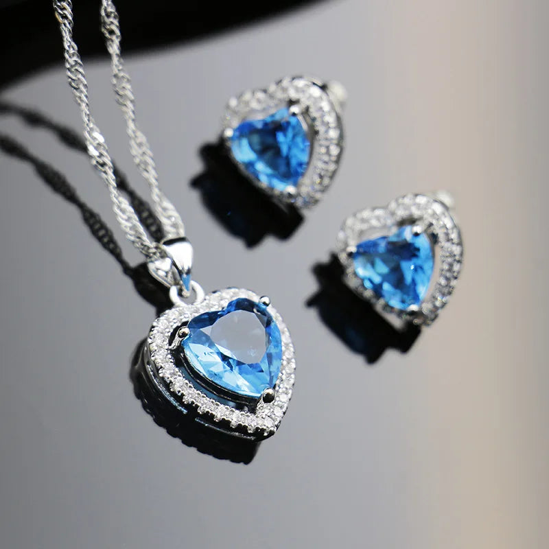 FASHIONISTA Price Elegant Blue Zircon Heart Brass Copper Rose Gold Plated Bridal Wedding Jewelry Set Jewelry Factory