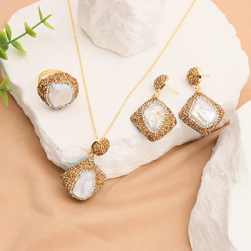 XOTICA Natural Baroque Pearl 18K Gold Plated Women's Gift Jewelry Necklace Bracelet Earrings Fashion Designer Jewelry Set