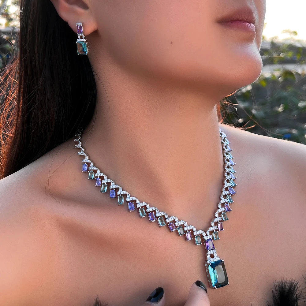 Beautiful Purple Blue Cubic Zircon Crystal Dangle Drop Bridal Wedding Necklace Earrings Party Jewelry Sets for Women