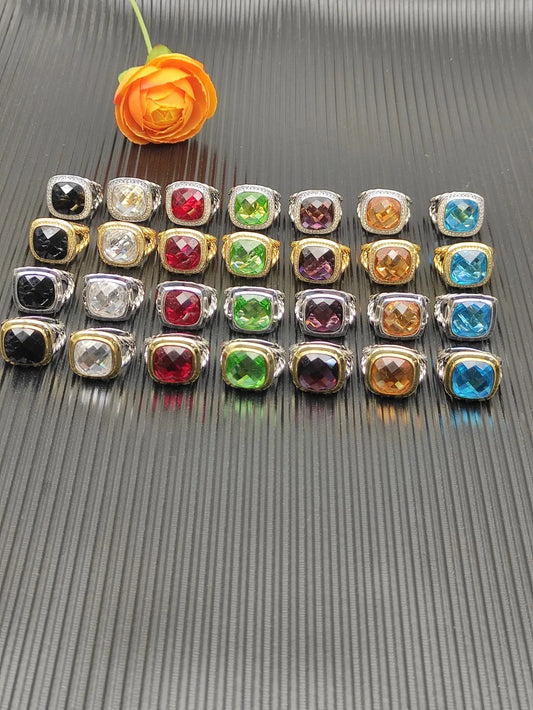FASHIONISTA DY High-Quality Silver-Plated 14mm Square Diamond-Set Ring, Gold-Plated Colored Gemstone-Set Ring, Jewelry