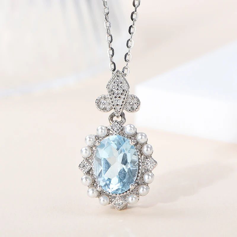 Gioiellieri Custom Women's Necklace Rhodium Plated Oval Cut Sky Topaz 925 Sterling Silver Pendant Natural Stone Claw Setting CMA