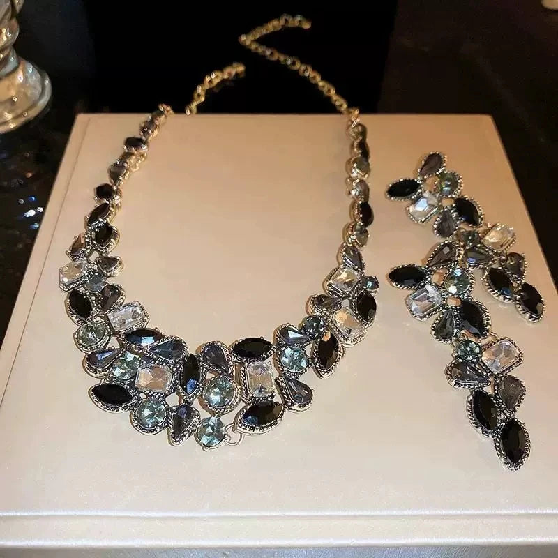 XM S382 Silver Plated Black Zircon Floral Marquise Necklace & Drop Earrings Bridal Set