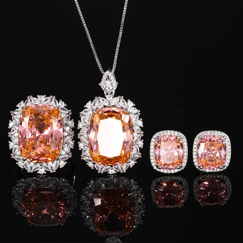 Gemfiori Fashionable Luxury Inlaid Geometric Zircon Necklace Earrings Ring Set Light Luxury Minimalist Jewelry