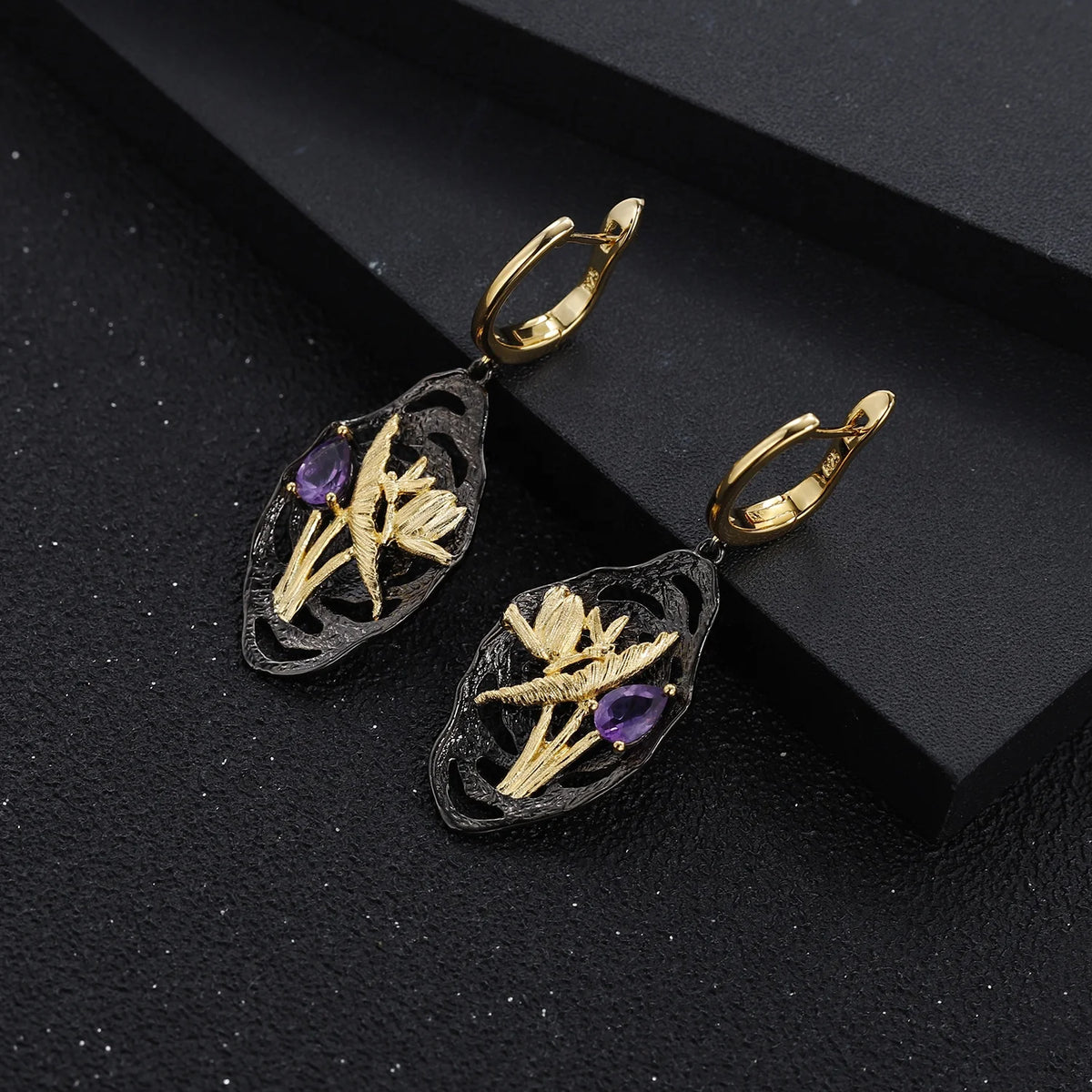 ArtistA Abiding Dreamy Summer Stylish 925 Stamped Silver Natural Amethyst Ladies Vintage Lotus Bud & Leaves Dragonfly Jewelry Set