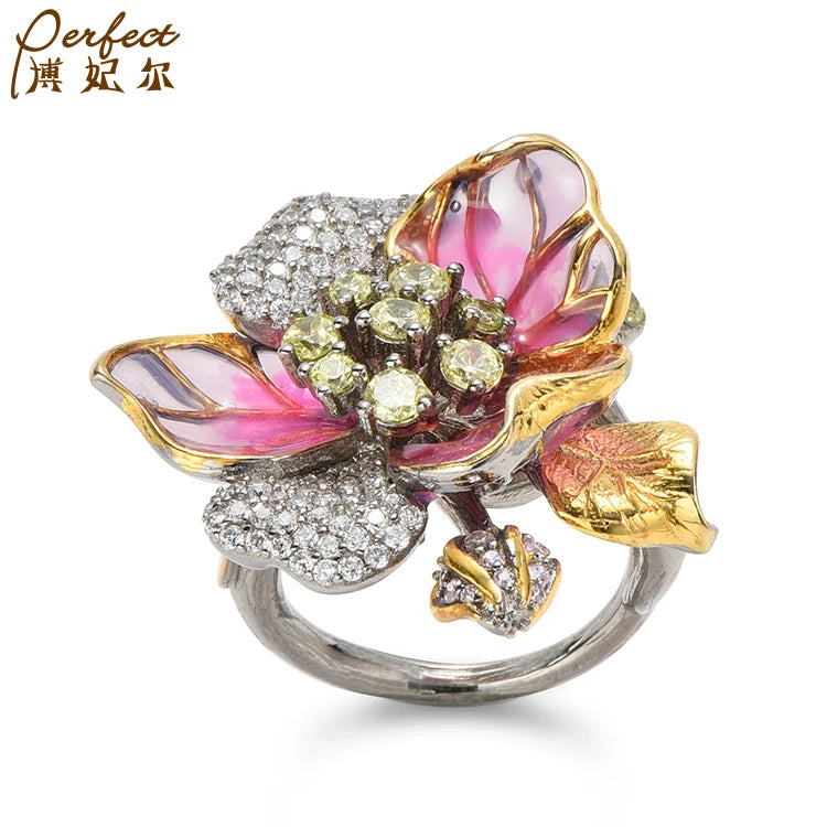 Gold Jewelry Engagement Wedding Ladies Rings Latest Design Flower Enamel Rings