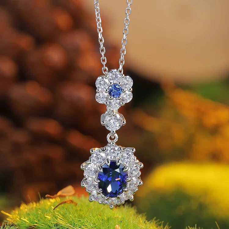 Gemfiori Statement Pendant Customized Jewelry Lab Grown Sapphire Rhodium Plated Chains Sterling Silver 925 Vintage Diamond for Her Gift