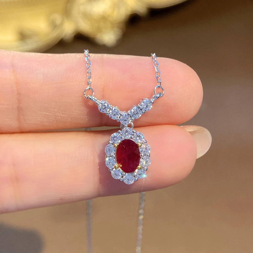 Gioiellieri Natural Red Ruby Pendant Necklace S925 Sterling Silver Fine Jewelry for Women Fashion Gemstone Charm Anniversary Gift