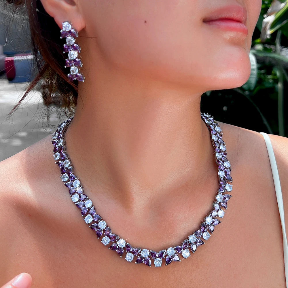 High Quality African Sliver Plated Cubic Zirconia Necklace Earrings Bridal Luxury Purple Jewelry Set for Women Wedding Party